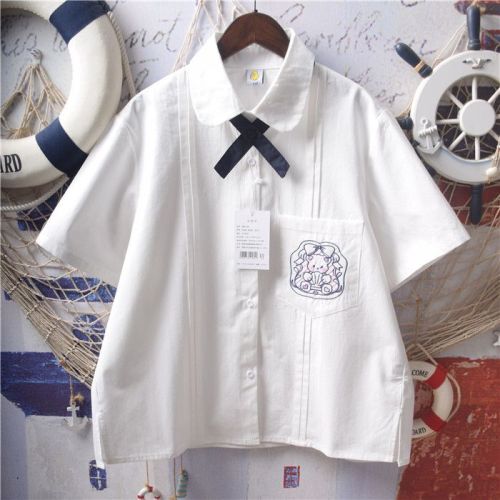 JK uniform original genuine college wind bear embroidery pocket doll collar short-sleeved female student shirt top female