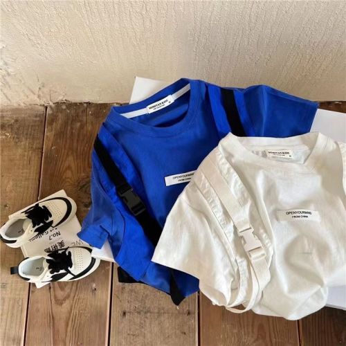Children's short-sleeved 2022 summer new boys and girls solid color webbing short-sleeved T-baby trademark T-shirt tide [distributed on March 9]