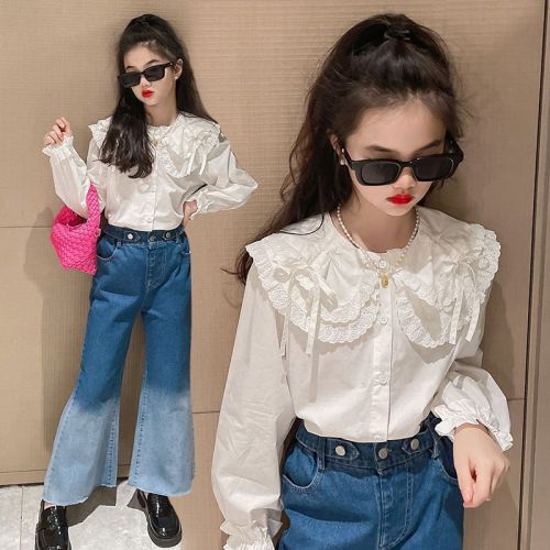 [Pure cotton] Girls middle and big children's autumn shirt 2023 new lace doll collar shirt casual foreign style top