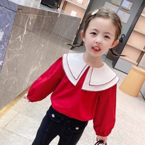 2021 Girls Spring and Autumn New Lapel Doll Red Solid Color Top Baby Spring and Autumn Bottom Shirt Xiaoxiang Style