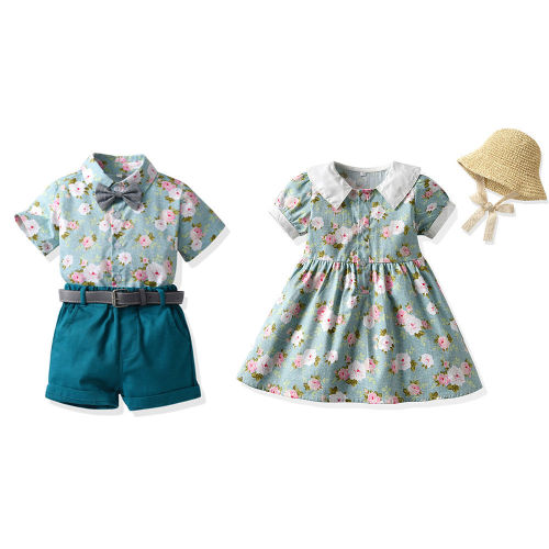  sister and brother outfit summer Korean version of male and female baby bow tie short-sleeved shirt strap shorts suit floral skirt