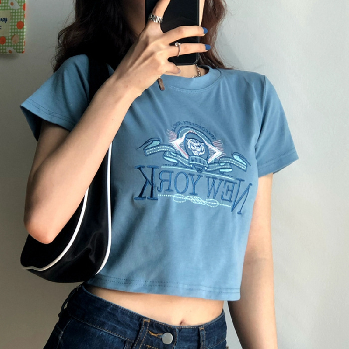 Embroidered summer new Hyuna style short short-sleeved T-shirt female student slim top