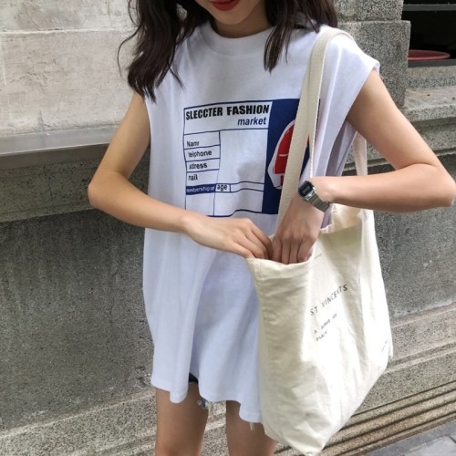 Summer back slit front and rear letter printing loose mid-length sleeveless vest female T-shirt top