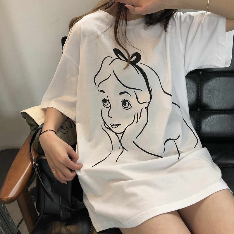 Fashion summer new creative printing mid-length short-sleeved T-shirt female student loose top ins