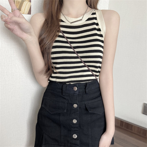 Real price real shot retro striped knitted camisole women's inner wear summer outer wear short sleeveless top