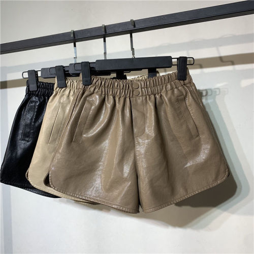 Girls Korean version of high waist leather shorts spring and autumn new all-match leather pants with button decoration loose wide-leg pants boot pants