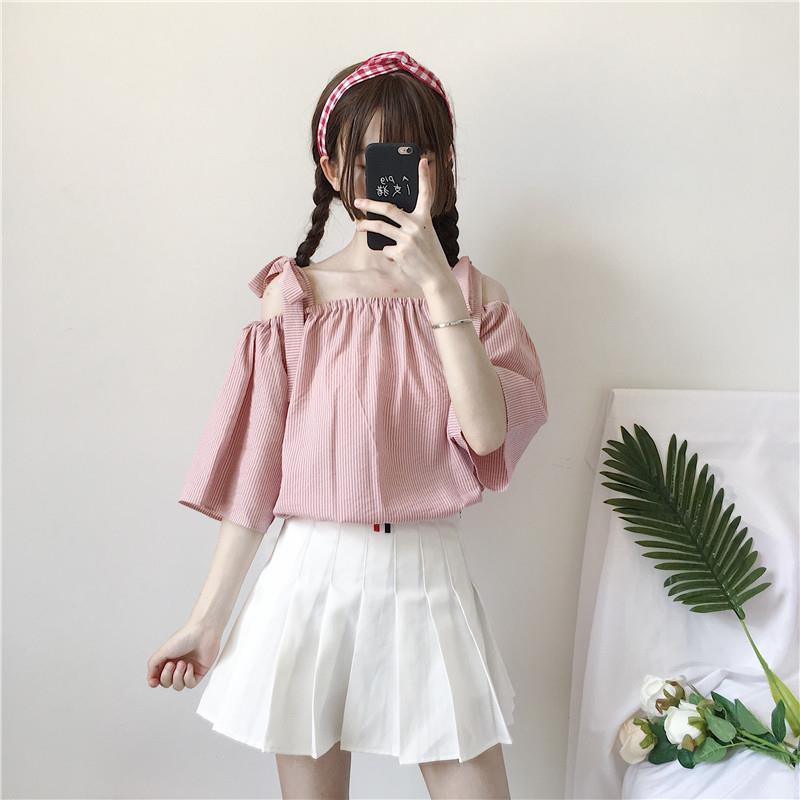 Thai sling one-shoulder top female cute sweet student loose summer collarbone off-shoulder short-sleeved shirt