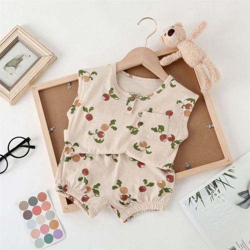 Nordic style 23 summer children's sleeveless vest shorts two-piece fruit print floral baby girl t-shirt set