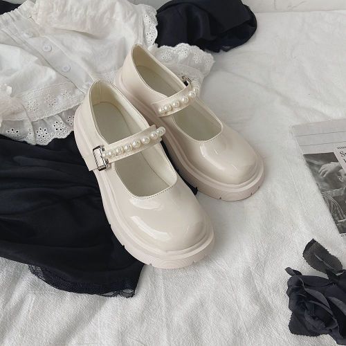 French retro British style small leather shoes women's 2021 spring new pearl fairy one word with thick bottom Mary Jane shoes