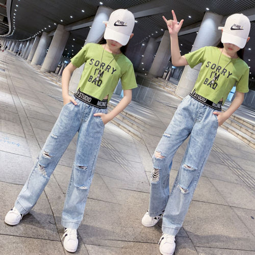 Girls' straight wide-leg ripped jeans look thin, medium and big girls two-piece letter print short-sleeved trousers suit