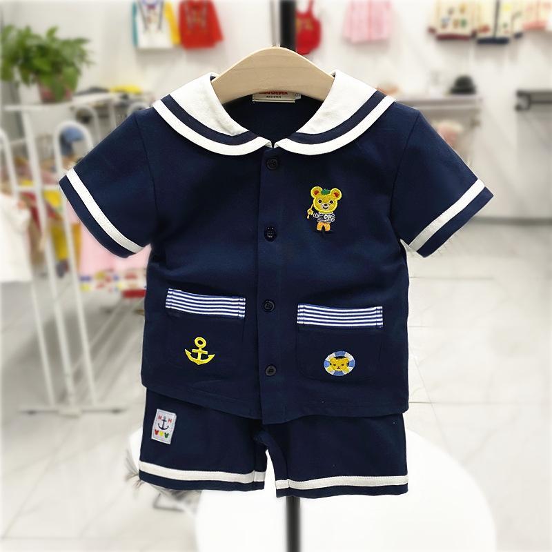 2023 Japanese children's clothing summer male and female baby navy style lapel short-sleeved suit bear casual shorts two-piece set