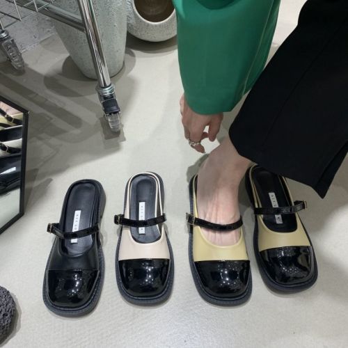 French evening style gentle thick-soled Mary Jane single shoes Korean style lazy Baotou half slippers British style small leather shoes