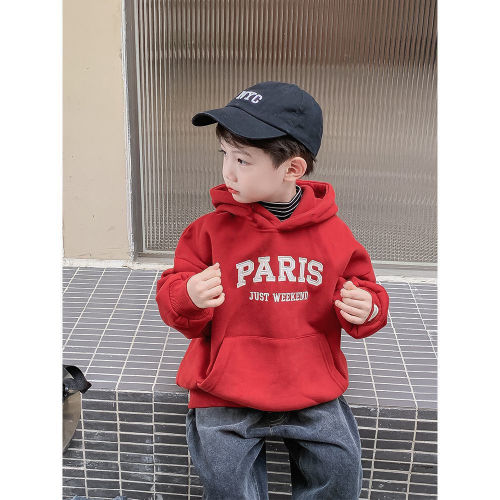 Children's autumn and winter clothes boys hooded sweater plus velvet thickened baby top 2022 new style foreign style clothes trendy style