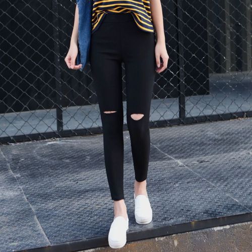 Buy one get one free summer latest leggings women's outer wear nine points high elastic black pencil trousers with holes