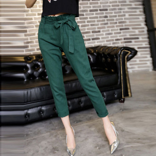 Cotton linen trousers women's 2023 spring and summer new elastic waist casual slim nine-point pants high waist loose harem pencil pants