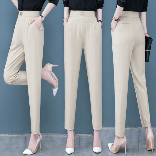 Ice Silk Cotton Linen High Waist Casual Pants Women's Summer Thin Section Fashion All-Match Suit Pants Nine Minute Pants