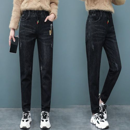 Jeans women's fleece thickening winter high waist new large size casual high elastic thin all-match trousers trousers women