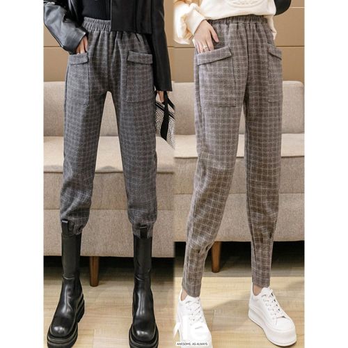 Wool plaid pencil pants women's 2023 autumn and winter new velvet thickened trousers casual overalls Harlan carrot pants