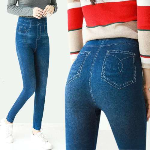 Spring and autumn new thin section plus velvet imitation denim leggings women's high waist outerwear large size fat mm thin printed pencil pants