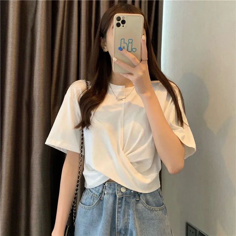 Summer 2023 new trendy ins Korean version loose irregular short-sleeved T-shirt female design sense niche short loose top