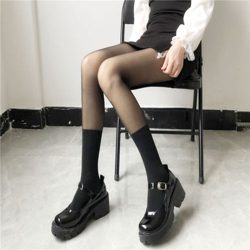 Japanese black pantyhose autumn and winter thickened fake thigh socks over the knee fake high tube splicing bottoming socks jk black stockings women