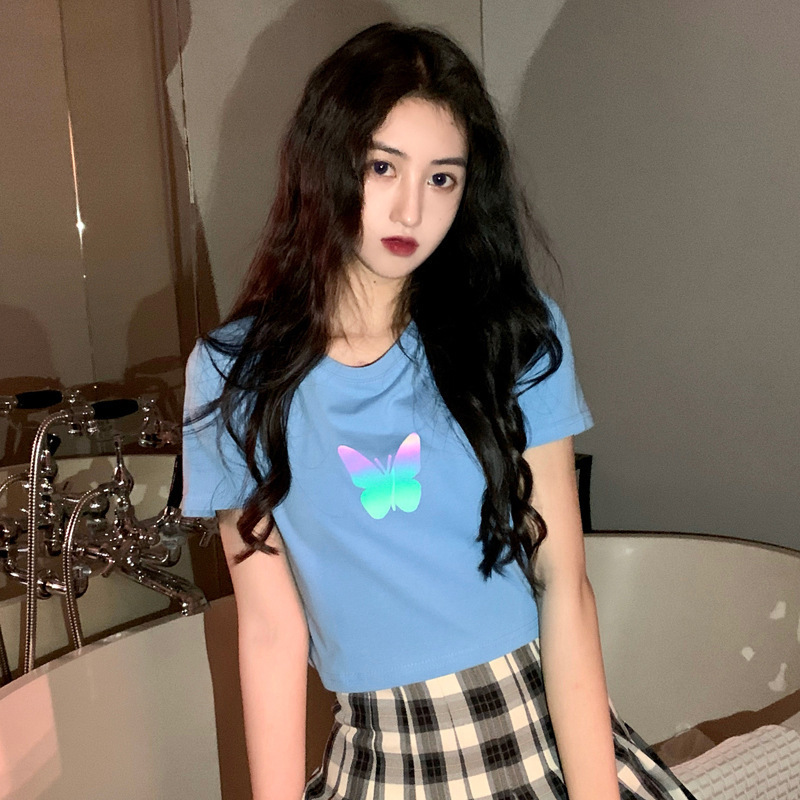 Summer new couple wear reflective butterfly short-sleeved shirt women's super fire short student top
