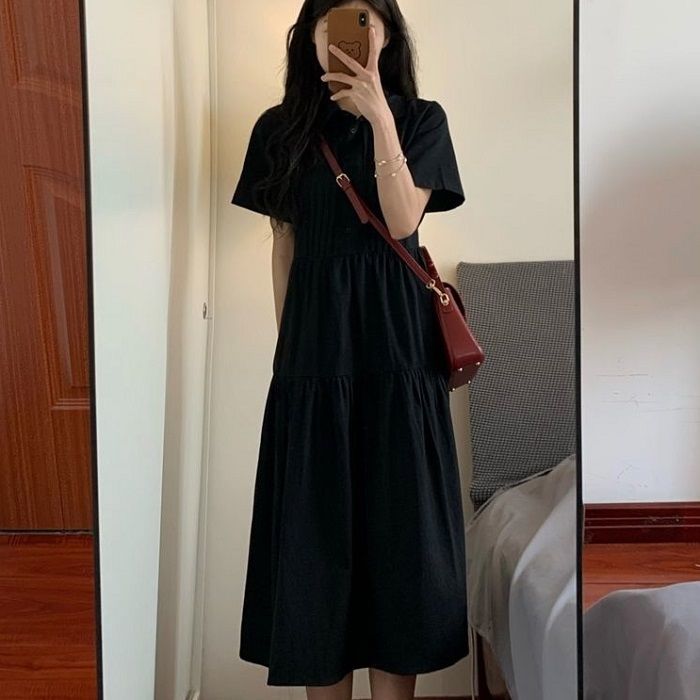 French retro sweet accordion pleats polo collar dress female petite summer short-sleeved waist slimming first love skirt
