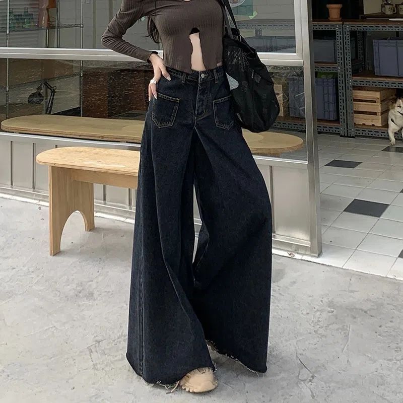 Plus-size Hong Kong-style retro high-waisted wide-leg jeans for women