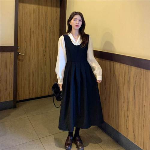 Large size temperament sweet suit black suspenders dress fat mm thin shirt long-sleeved shirt two-piece set