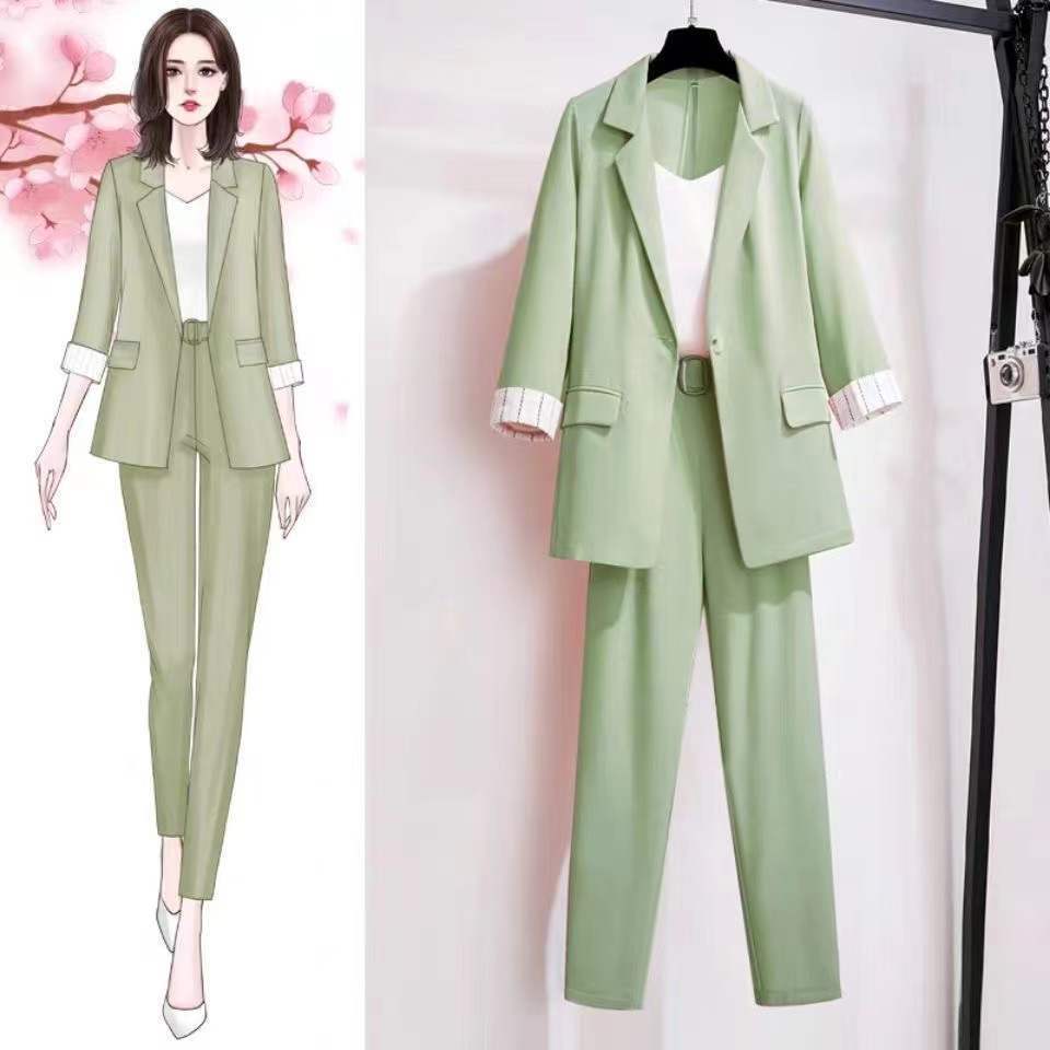 2022 Spring and Autumn Casual Suit Suit Small Xiangfeng Fat mm Two-piece Suit for Small People Wearing Internship Interview Suits