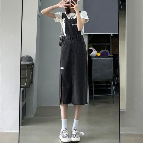 Denim suspender skirt women's spring and summer  new Korean version age-reducing temperament waist mid-length slit suspender dress