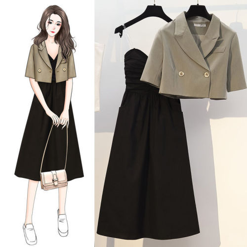 Fashion suit female summer Korean style foreign style small suit thin jacket cover belly slim suspender dress two-piece set