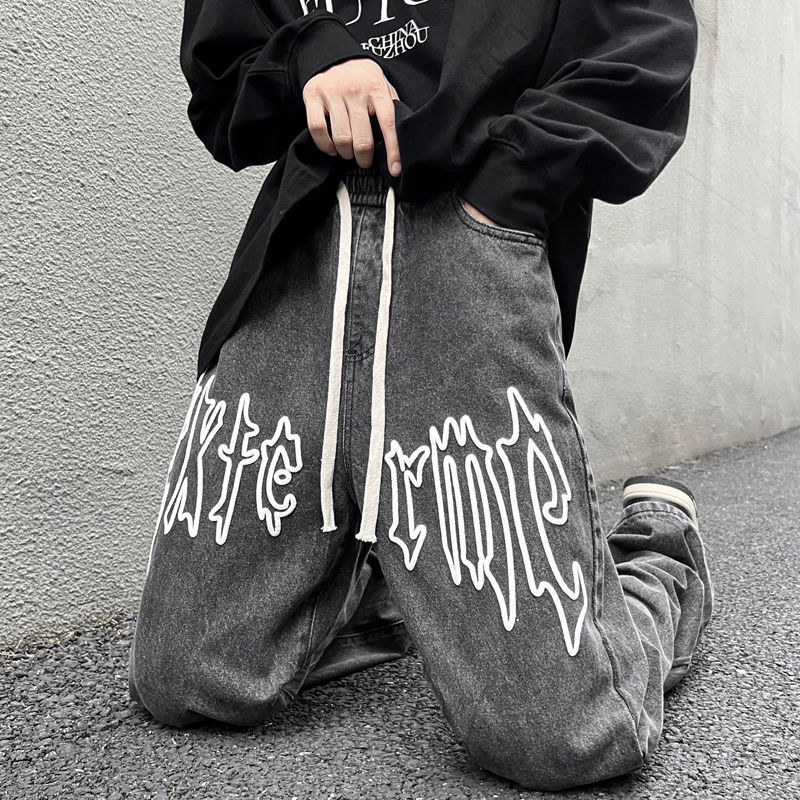 West Coast American-style denim pants men's spring and autumn tide brand ins high street loose straight wide-legged long pants