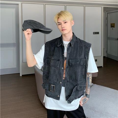 Korean version of the large outline simple denim jacket men's trendy washed old tooling personality denim casual sleeveless vest