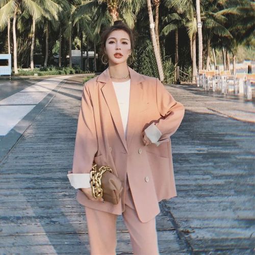 Pink suit female  spring and autumn new Korean version casual loose temperament small man professional wear two-piece suit