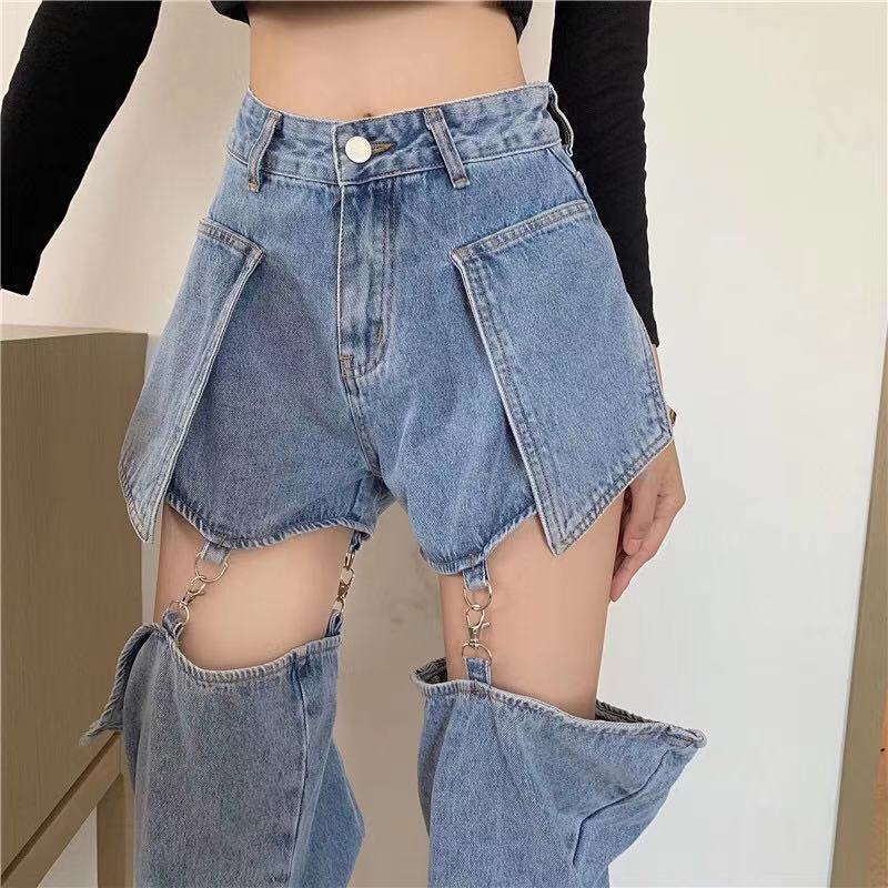 Jeans women's straight loose slim pants 2023 spring and summer new design sense two wear detachable shorts trendy
