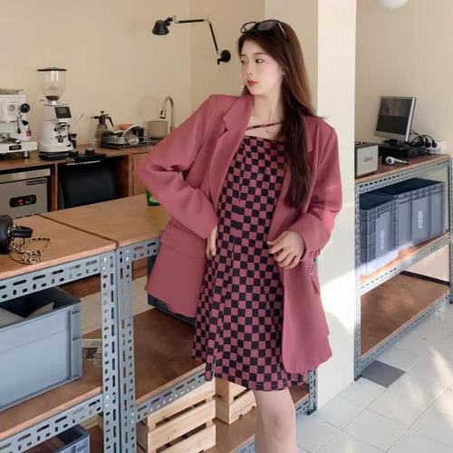2022 suit two-piece suit autumn women's large size women's clothing fat sister mm slim hot girl checkerboard suspender skirt skirt