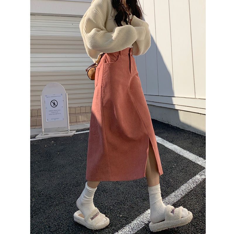 Autumn 2023 new high waist thin fashion all-match corduroy a-line mid-length slit skirt female students