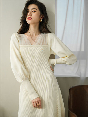 French retro Hepburn small fragrant mesh knitted white dress skirt autumn and winter new inner sweater bottoming skirt