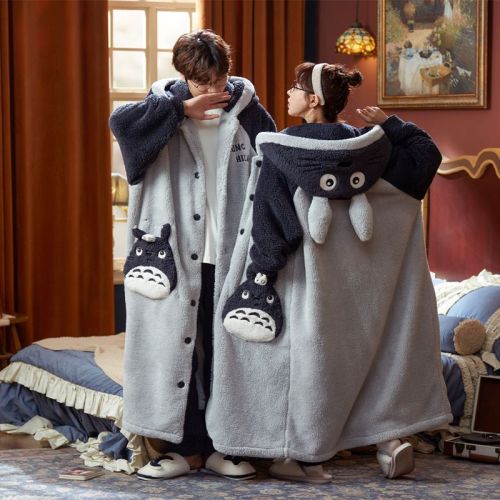 Couple pajamas winter coral fleece women's long nightgown set autumn and winter men's flannel thickened plus velvet home service