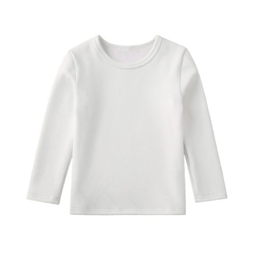 Winter plus velvet thickened round neck long-sleeved bottoming shirt solid color T-shirt all white, small and medium boys and girls white slim
