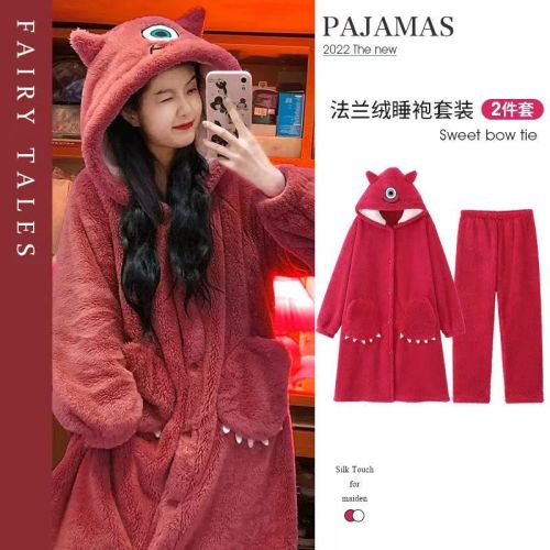 Pajamas women's autumn and winter cartoon big-eyed boy flannel 2022 new winter thickened nightgown can be worn outside home clothes