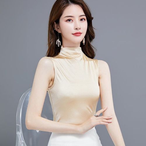 2020 spring and summer suspenders sleeveless vest chiffon inner bottoming shirt silk satin outer wear half-high collar off-the-shoulder top