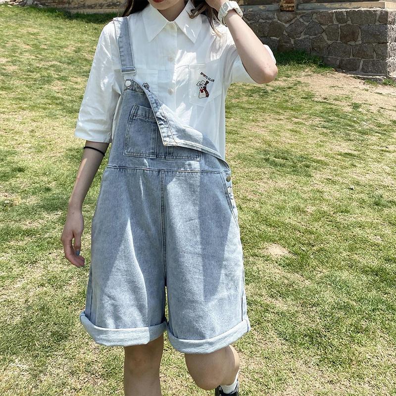 Tooling old rolled edge denim shorts women's loose 2023 summer new Japanese wide-leg jumpsuit five-point pants