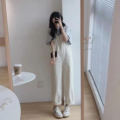 New cream denim overalls women's spring and autumn age-reducing loose small slim one-piece pants wide-leg pants trendy