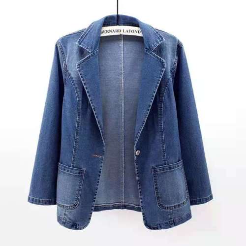 2023 autumn new denim jacket women's slim fit and thin suit collar solid color cardigan outer wear one button top trendy
