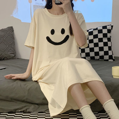 High-value nightdress female summer season short-sleeved thin pajamas cute loose large size long student home service