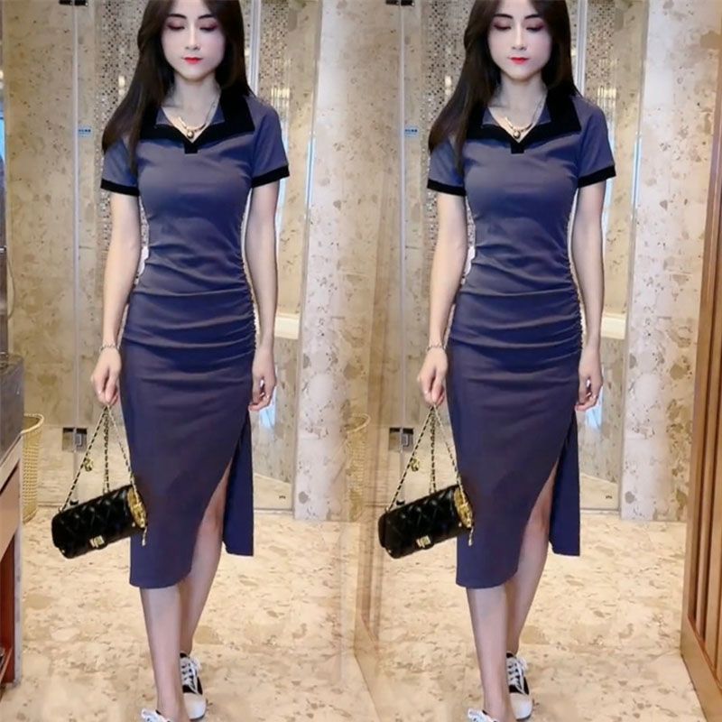 Contrasting color polo collar temperament slim short-sleeved dress women 2023 summer new all-match drawstring bag hip long skirt