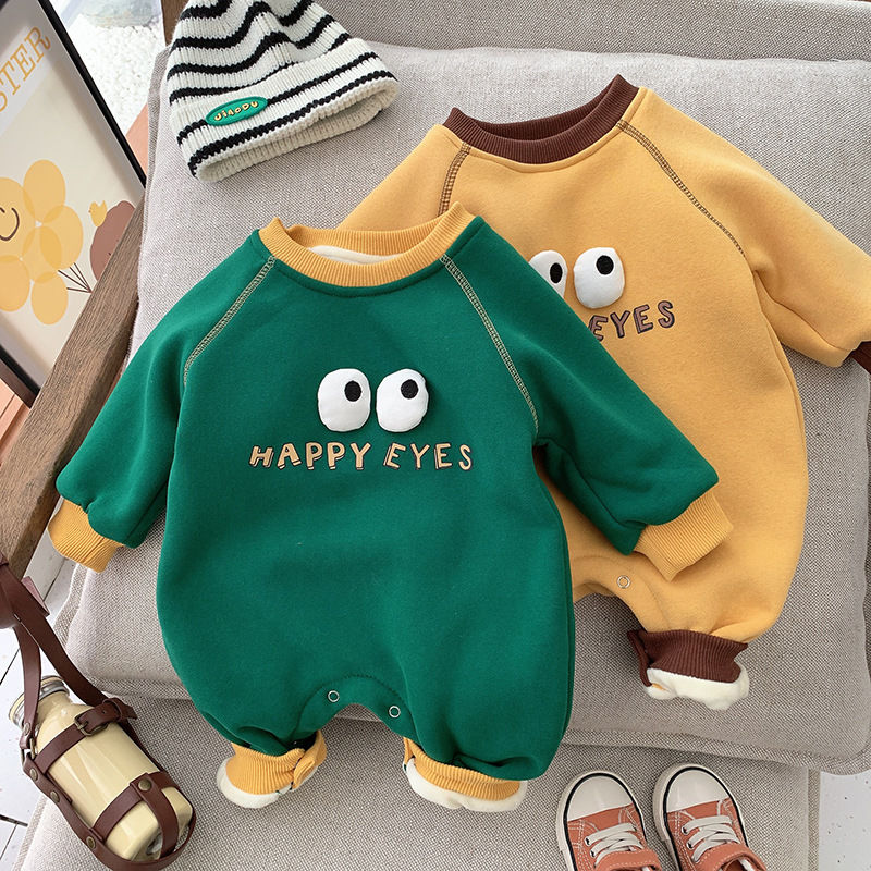 Baby jumpsuit class A plus velvet crawling clothing autumn and winter baby pullover anti-kick pajamas Korean version of color contrasting warm outerwear