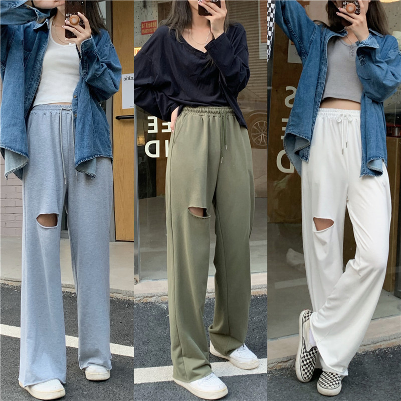 Real price real price sports pants loose straight tube drop feeling hole wide leg pants women's high waist mopping casual pants